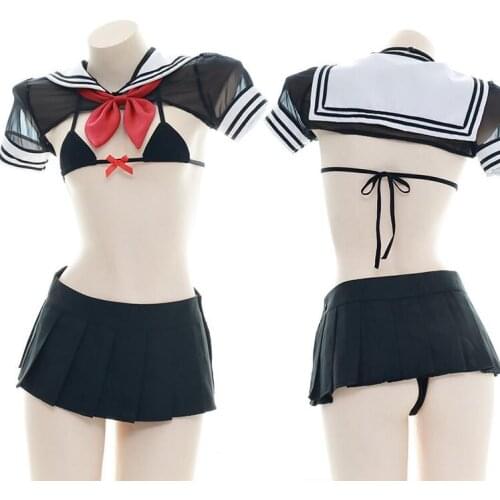 JK Uniform Style Sexy Cute Womens Bikini Set & Transparent Mini Uniform Exotic Set Color Black