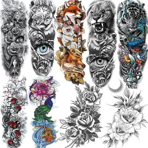 Beautiful Flower Temporary Tattoos Sleeve For Women Girls Full Arm Tatoos Realistic Fake Tiger Wolf Rose Tatoo Makeup Decoration
