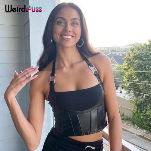 Weird Puss Y2K PU Leather Patchwork Halter Camisole Women Sexy Low Cut Backless Skinny Zip Skinny Tank Tops High Street Clothing