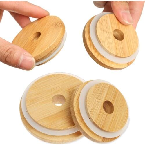 70mm/86mm Reusable Bamboo Wood Lids Mason Jar Lid with Straw Hole Silicone Seal Ring Wide Mouth Cup Covers Caps Decor Crafts