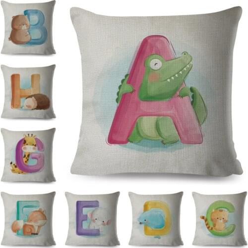 Cartoon English Letter Animal Cushion Cover Decor Watercolor Cute Lion Pillow Case Polyester Pillowcase for Sofa Children Room