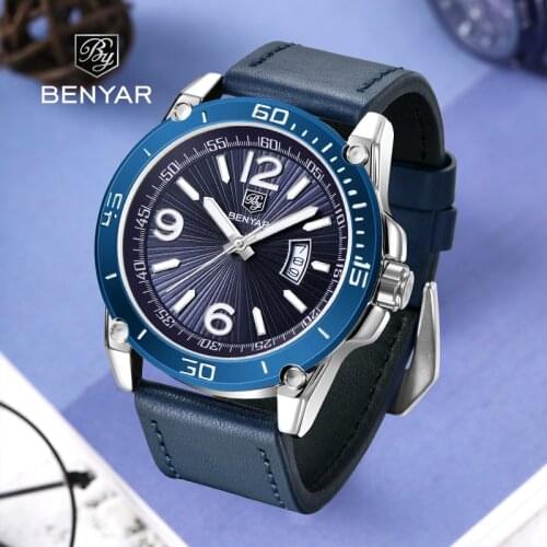 Quartz Mens Watches BENYAR Sports Luxury Wristwatch Top Fashion Brand Business Leather Strap Watch For Men relogio masculino
