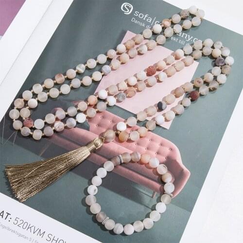 8mm Natural Smile Agate Beaded Knotted 108 Japamala Necklace Meditation Yoga Blessing Bracelet Jewelry Mala Tibetan Rosary Set