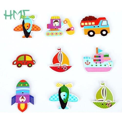 2017 New Handmade DIY Colorful Wood Sewing Painting Decoration Buttons Scrapbooking Car Rocket Ship shape Mixed Random 50Pcs