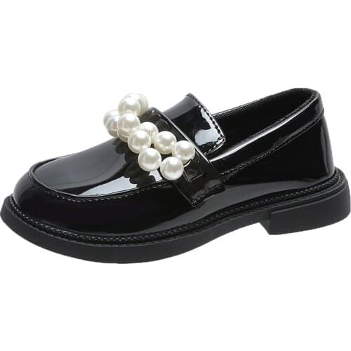 Girls Shoes Children Leather Flats 2021 Autumn New Black Patent Leather with Pearls Beaded Fashion Kids Shoes for Wedding Sweet