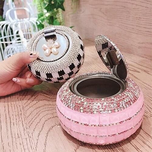 Creative Diamond With Lid Ashtray Stainless Steel Smokeless Dust Free Multifunctional Drill Car Ash Tray Ladies Bling Tool Box