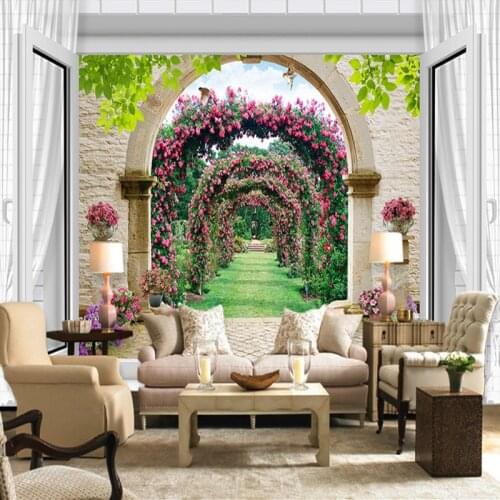 Custom Waterproof Canvas Self-adhesive Mural Wallpaper Wall Painting 3D Window Flower Vine Arches Photo Wall Paper Living Room