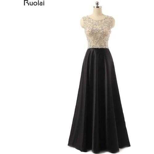 Real Picture Popular Scoop Sequined Top Satin Black Prom Dress Long Evening Dresses Formal Party Dress Robe de Soiree ASAE47