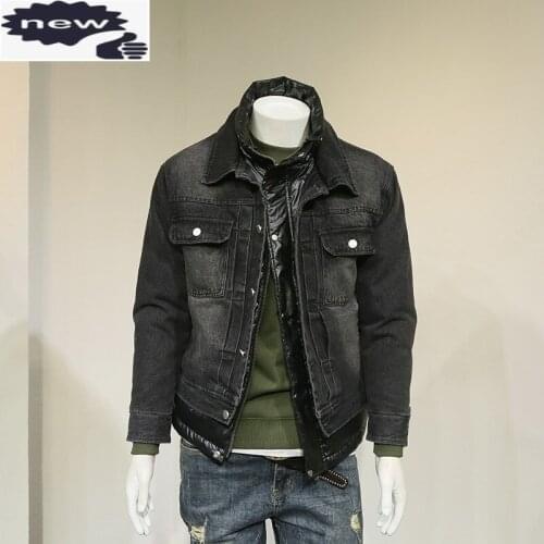 Luxury Fashion Short Men Down Coats Stand Collar Spliced Denim Removable Hat Zipper Fake Two Piece High Street Jackets Winter