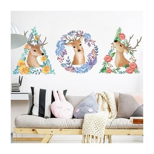Nordic Poster Wall Sticker Hand-painted Plant Deer Head Creative Living Room Background Wall Decorations 3D Wallpaper Mural
