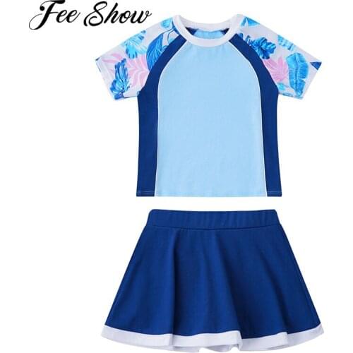 4-14 Years Kids Girls Sport Suit Short Sleeves Print T-shirt and Skirt with Built-in Shorts Set for Gym Tennis Badminton Workout