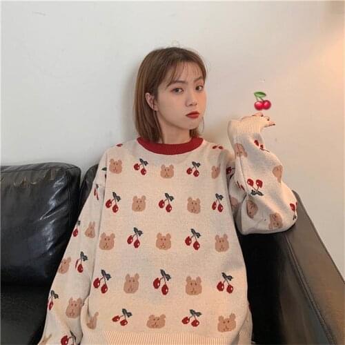 2021 Womens Sweaters Japanese Kawaii Ulzzang Vintage Loose Bear Cherry Sweater Female Korean Harajuku Cute Clothing For Women