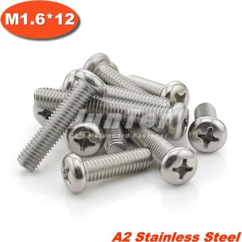 1000pcs/lot DIN7985 M1.6*12 Stainless Steel A2 Pan Head Phillips (Cross recessed pan head) Screw