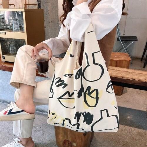 Japanese INS Beige Canvas Hobo Bag Cartoon Graffiti Pattern Half Moon Shoulder Bag Casual eco friendly Shopping Bag Girls Purse