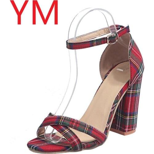 2020 Women Sandals Ankle Buckle Strap Summer Pumps Woman Gingham Open Toe Shoes Plus Size Ladies High Square Heel Female Fashion