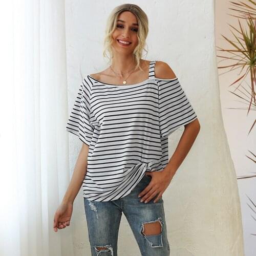 Women Summer Striped Cold Shoulder Twist Knot Shirts Classic Loose Casual Tops Mujer Fashion Cute Retro Office Camisetas Tees