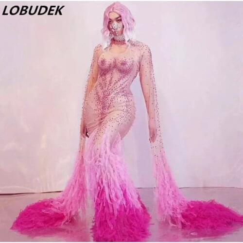Women Singer Dancer Models Catwalk See Through Costume Pink Rhinestones Tassel Tailing Dress Birthday Party Show Stage Wear