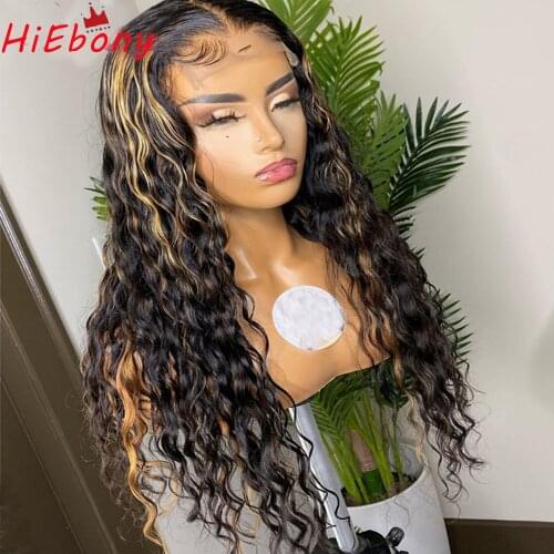 HiEbony Highlight 1b/27 Pre plucked Remy Human Hair Lace Front Wigs Curly 180% 13x6 T type Lace Frontal Wigs with baby hair Wig