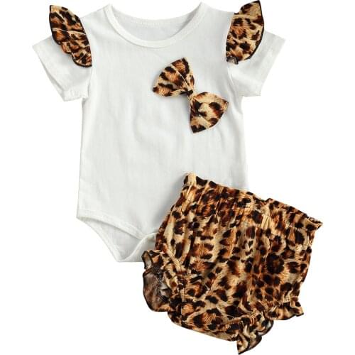 OPPERIAYA Two Piece Kids Baby Girls Summer Casual Clothes Fresh Bow Ruffles Short Sleeve Bodysuit and Leopard Triangle Shorts
