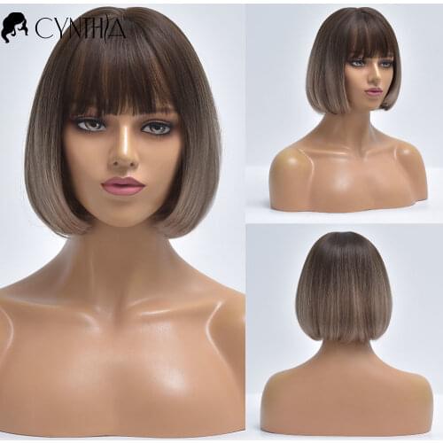 Brown Short Straight Ombre Hair Synthetic Wigs For White Women With Bangs Daily Cosplay Nutural Heat Resistant Fiber Bob Wig