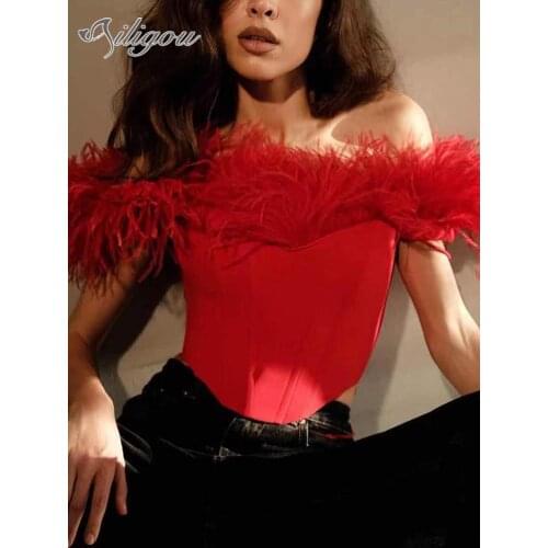 Ailigou 2021 Summer High Quality New Feather Decoration Sexy Strapless Corset Stretch Womens Cropped Top Womens Short Vest