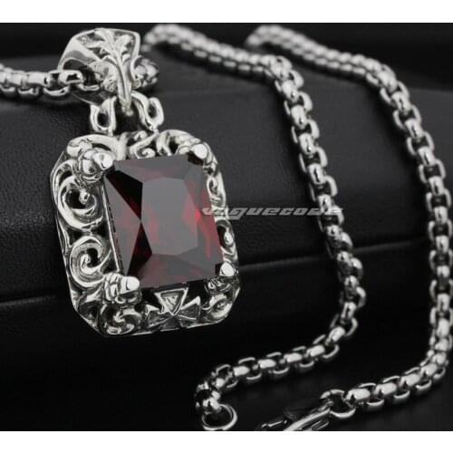 LINSION Huge Red CZ 925 Sterling Silver Mens Biker Punk Pendant 8P007