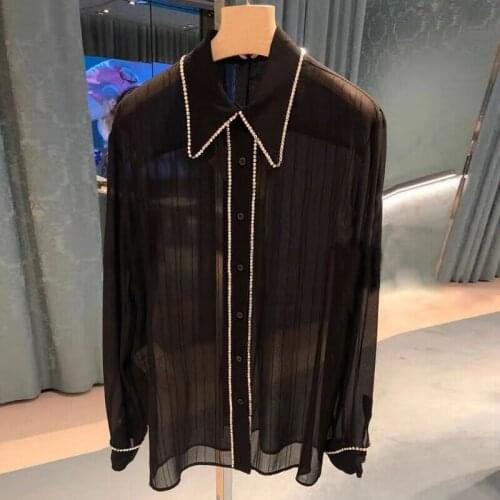 Korean Fashion Beading Chiffon Blouse New Women Tops Long Sleeve Work Wear Shirts Elegant Lady Casual Blouses Womens Blusas