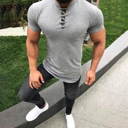 2019 Summer Men T-Shirt High Quality Slim Fit Muscle Tee Mens V-Neck Lace-up Casual Shirt Man Short Sleeve Casual Tops Plus Size