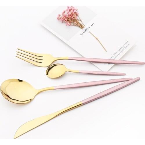 4pcs Pink Gold Tableware Set Stainless Steel Dinnerware Cutlety Knife Fork Spoon Kitchen Wedding Flatware Dinner Silverware Set