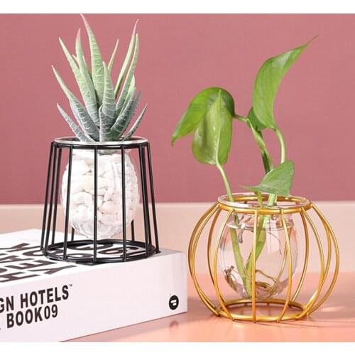Nordic Ins Hydroponic Glass Vase Iron Art Golden Ornaments Creative Home Living Room Desktop Decoration Geometric Hydroponics