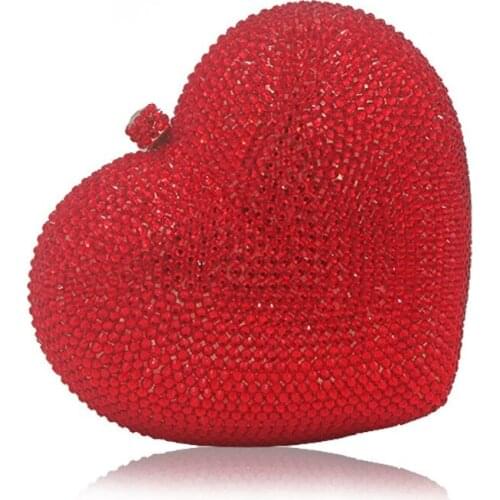 Fashionable Luxury Red Heart Shape Crystal Women Clutch Bag Rhinestone Evening Bag Diamond Ladies Wedding Party Purse