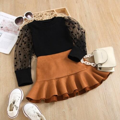 2Pcs Kids Girls Autumn Casual Outfits Clothes Sets Mesh Puff Long Sleeve Knit Tops Ruffle Pleated Skirt Childrens Set 2-7Y