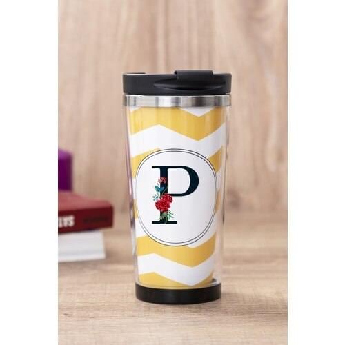 Gift Shop Letter P Flower Design Yellow Thermos Cup