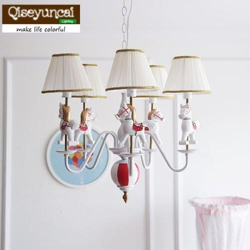Qiseyuncai American wooden horse childrens room chandelier princess room soft dress boy girl bedroom lighting free shipping