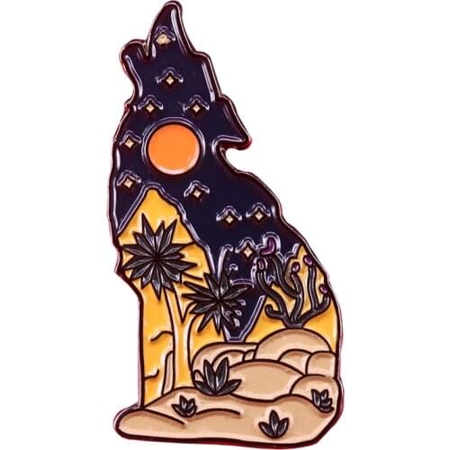 Howling wolf brooch desert landscape pin moon star badge cute animal and nature lovers gift