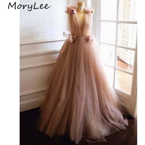 Champagne Evening Dresses 2020 Hand Made Flower V-Neck Floor Length Soft Tulle Evening Dresses vestidos de fiesta de noche