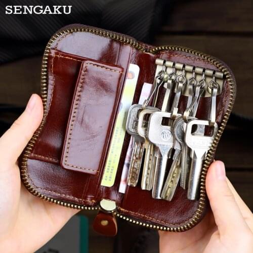 Vintage Genuine Leather Key Wallet For Men Portable Credit Card Holder Coin Purse Housekeeper Key Zipper Storage Bag