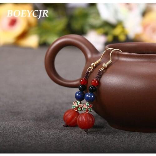 BOEYCJR Braided Rope Natural Stone Bead Drop Earrings Handmade Ethnic Earrings Jewelry Vintage Dangle Earrings for Women