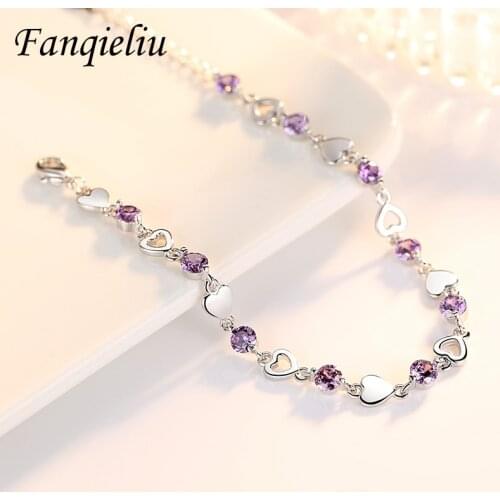 Fanqieliu Heart Chain Bracelet Crystal Charm Bangles Cute 925 Sterling Silver Bracelets For Women Jewelry Wedding FQL20348