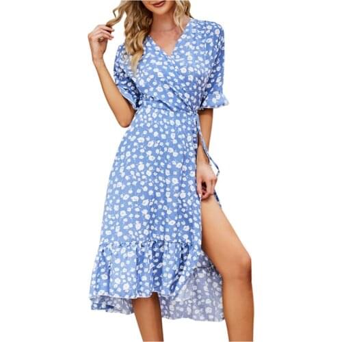 Bohemian Flowers Printing Mid-calf Dress Female Elegant Ruffle Split Fork Sundress Summer Casual V-neck Tunic Vestidos Платье