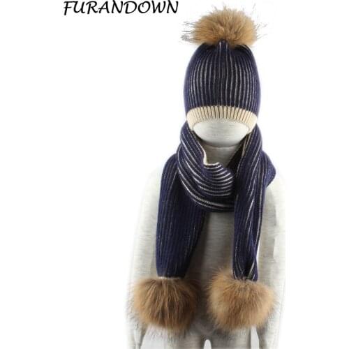 Winter Hat For kids Patchwork Knitted Beanies Skullies Real Fur Pompom Hat and Scarf Set Children