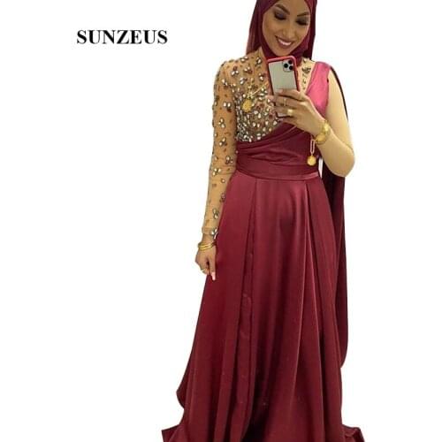 2020 Fall Winter Muslim Evening Dress With Long Sleeves Rhinestones Satin Formal Gown Wear Women Robe
