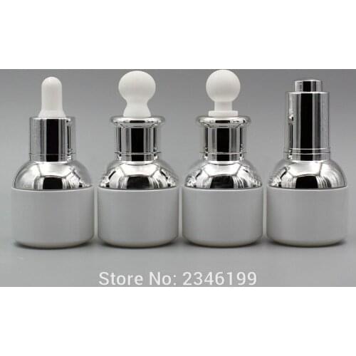 30ML 30G 15Pcs/lot Pearl White Glass Bottle Sliver Cap Dropper Bottle White Rubber Top Cosmetic Essence Serum Packing Bottles