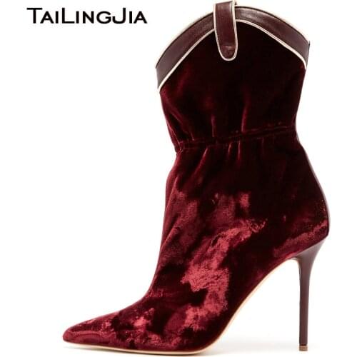 Burgundy Velvet High Heel Ankle Boots Pointed Toe Stiletto Heel Booties Women Shoes Ladies Curved Top Heeled Short Boots 2019