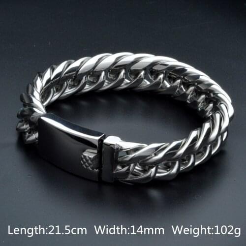 14mm Wide Mens Jewelry Stainless Steel Silver Color Polished Cuban Curb Chain Bracelet Bangle Christmas Gift 8.46inch Wholesale