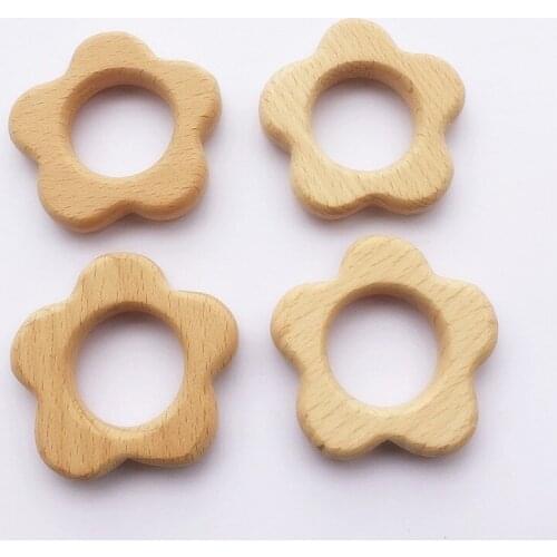 Chenkai 10pcs Wood Flower Teether Ring DIY Organic Eco-friendly Nature Baby Pacifier Rattle Teething Grasping Wooden Toy
