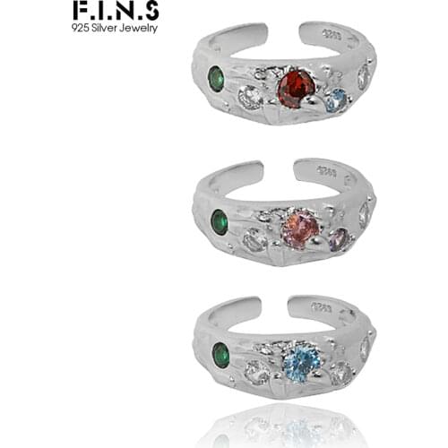F.I.N.S Luxury Six Choices Colored Zircon Texture S925 Sterling Silver Open Ring Stackable Uneven Surface Finger Fine Rings
