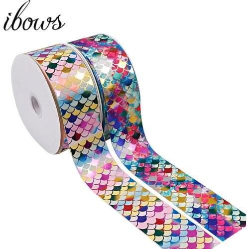 IBOWS 2Yards 3"(75mm) Mermaid Grosgrain Ribbon Fish Scale Printed Ribbon For Gift Wrapping DIY Hair Bows Handmade Craft Material