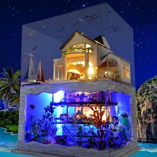 Dollhouse Miniature with Furniture, DIY Wooden Dollhouse Kit Plus Dust Proof , 1:24 Tiny House Building Kit （Hawaii Impression