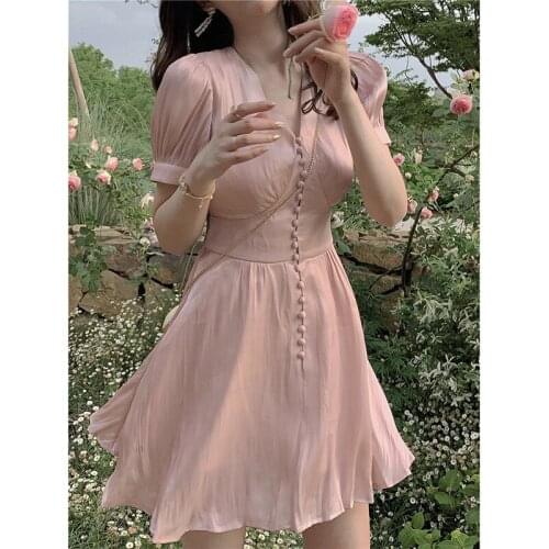 2021 Summer New Fashion High Waist Slimming Vintage Skirt V-neck Short-Sleeved Girls' Mercerizing Satin-Face Dress